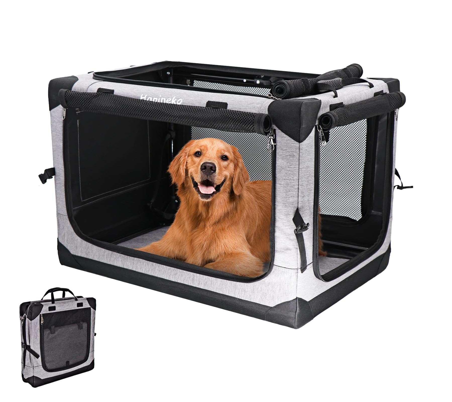 Hapineko（ハピネコ） 多用途 ペット ソフトクレート ソフトケージ ペットハウス カバー取り外せる 4面メッシュ出入口 折りたたみ式 ロック付きファスナー 鉄フレーム 600D防水オックスフォード 洗濯可能 猫犬兼用 (XL, グレー)