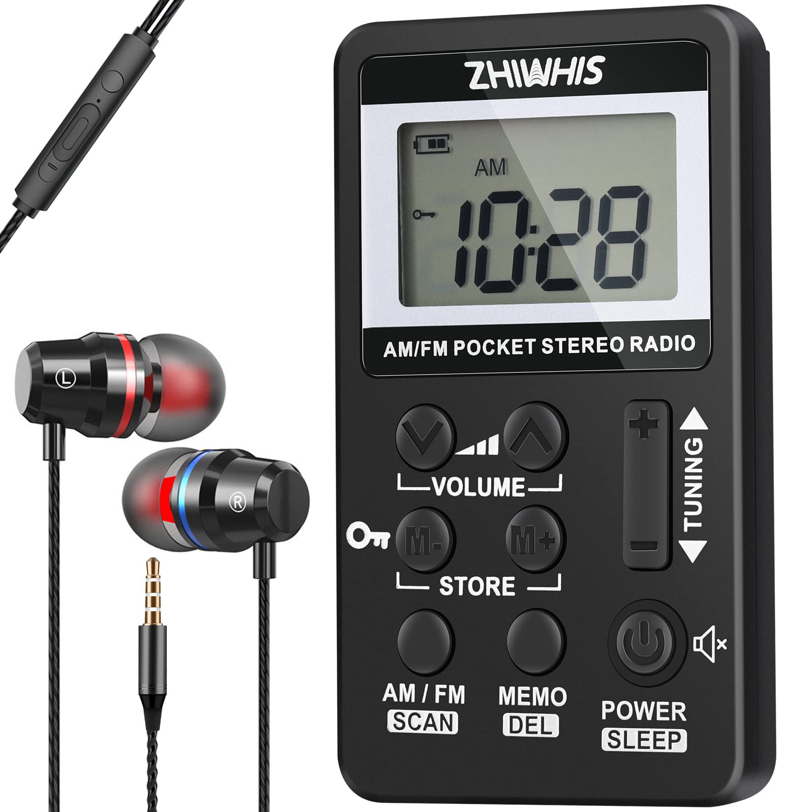 ZHIWHIS 携帯ラジオ 小型充電式 タイマー/デジタル時計付き AM/FM/ワイドFM対応 DSP高感度ステレオ受信機 キーロックとプリセット機能付き 防災 通勤 旅行 運動用 日本語取説＆保証書付き 黒 ZWS-103US