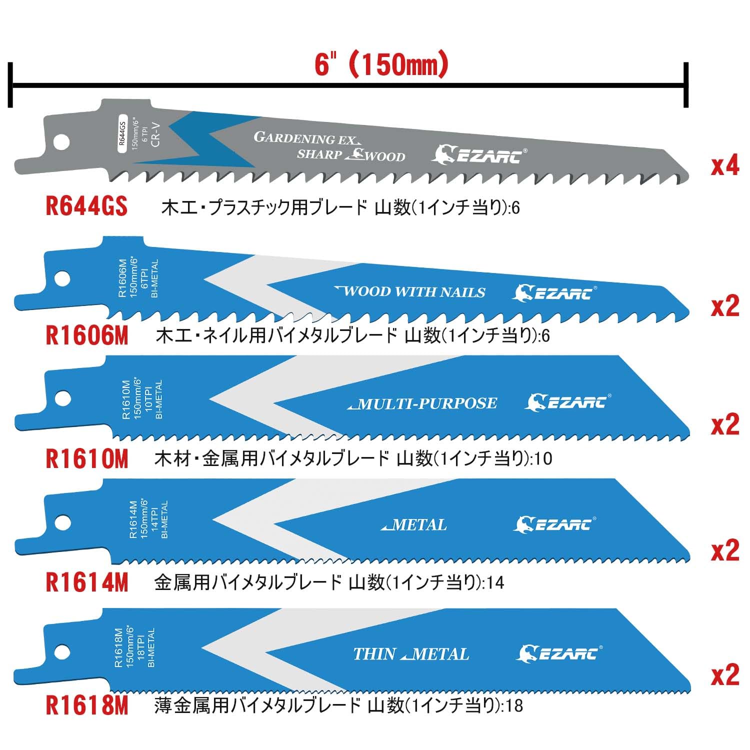 EZARC レシプロソー替刃 バイメタル せーバーソーブレード 解体用 電気のこぎり替え刃 木工・金属用 レシプロソーブレード 150mm 12枚入れ