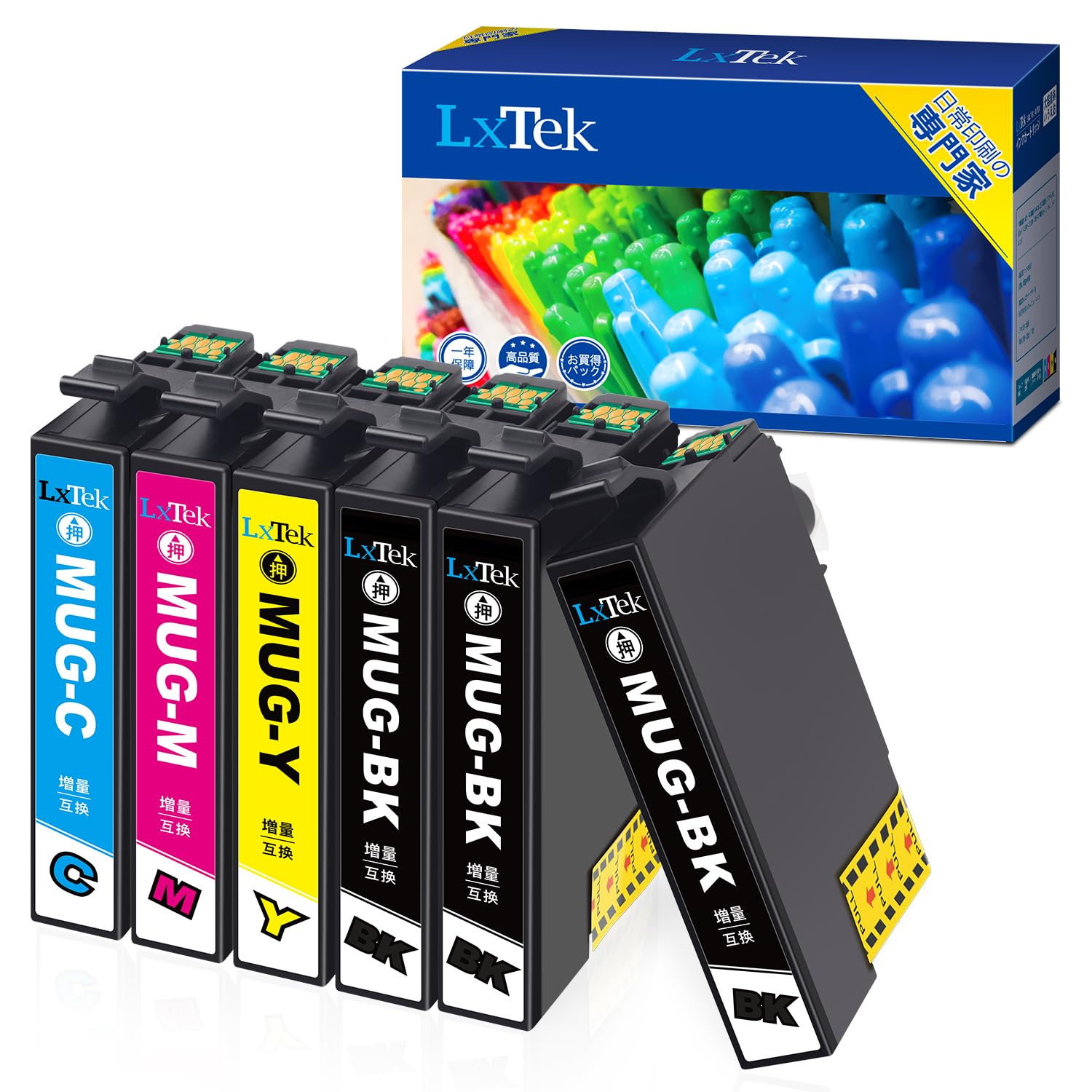 LxTek MUG-4CL マグカップ インク エプソン用 MUG 互換インクカートリッジ マグカップ インク 4色セット+MUG-BK 黒2本 (合計6本) Epson用 EW-452A EW-052A インク 大容量 452A 052A 互換インク