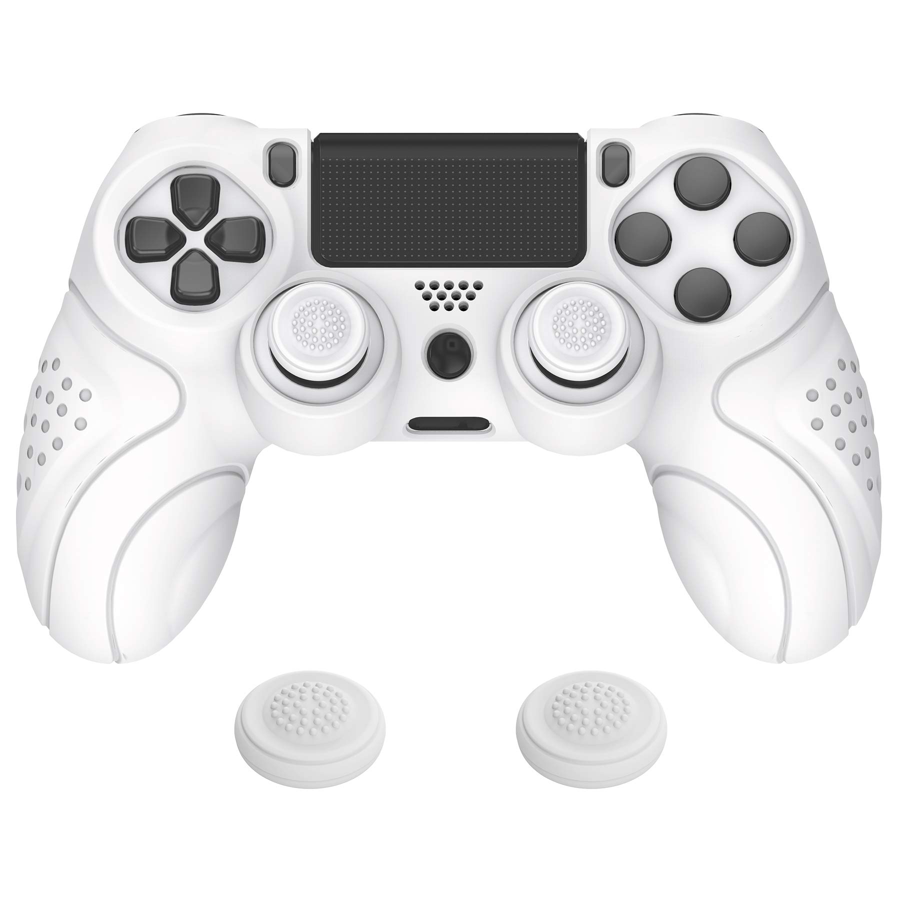 PlayVital ps4に対応する人間工学に基づいたソフト滑り止めコントローラーシリコンケースカバー、ps4 Slim/Proコントローラーに対応するジョイスティックキャップ付き【ホワイト】