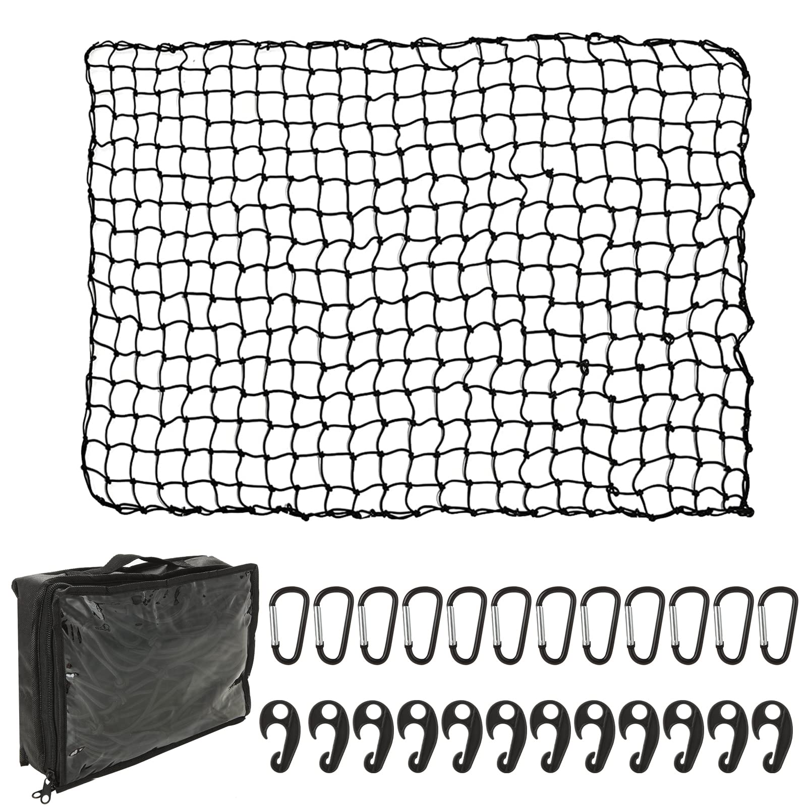 RILIHII カーゴネット120x180cm 車用 ラゲッジネット ルーフネット 天井 ルーフキャリア ツーリングネット 荷物転倒防止 荷物固定 荷物落下防止 荷崩れ防止 カーゴ 荷物固定収納 高伸縮性 付属 12個ABS製2WAYフック 12個アルミDリングカラビナ 収納ポーチ