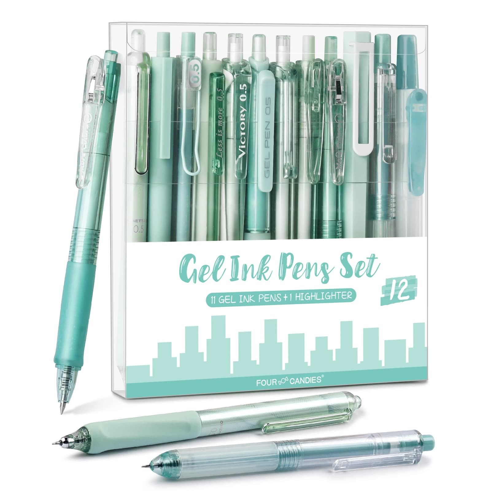 Four Candies 12本パステルゲルインクボールペンセット 11本ジェルボールペン&1本蛍光ペン 引き込み式 0.5mm かわいい かきやすい ノート テイキングペン 学校 オフィス用 (グリーン)