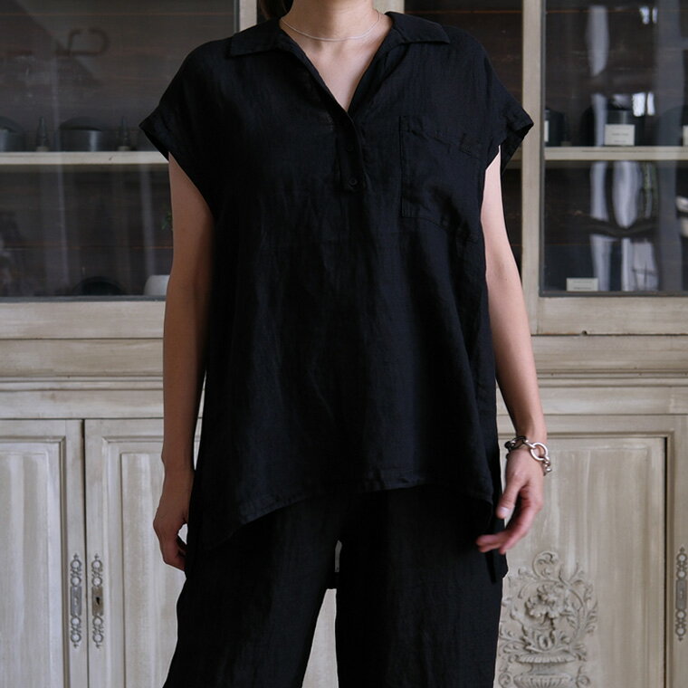 TRANSIT PAR-SUCH 26SS リネン×レーヨン前後切替シャツカラースリーブレスブラウス