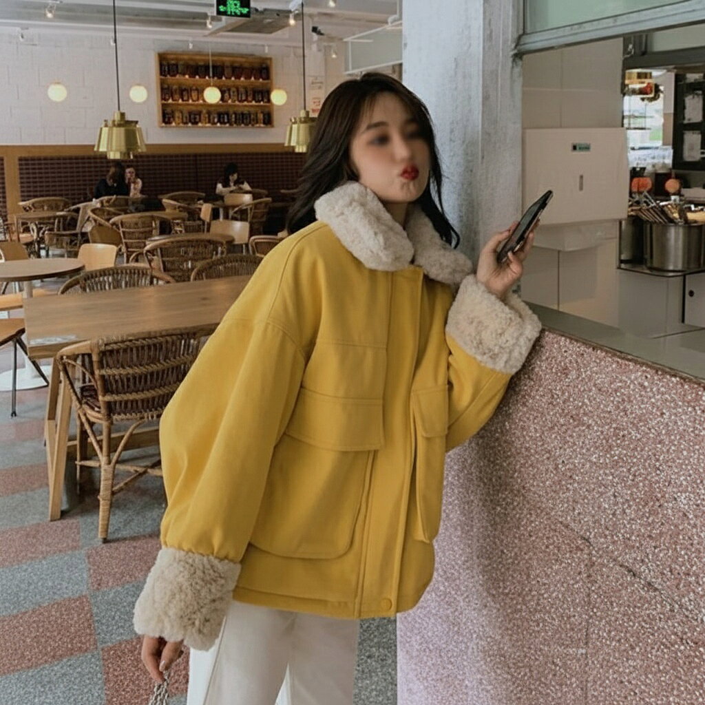 綿の レディース 秋冬 韓国風 ゆったり 黒 イエロー ピンク 紫 紺碧 S M L XL XXL ポリエステル綿 スタ..