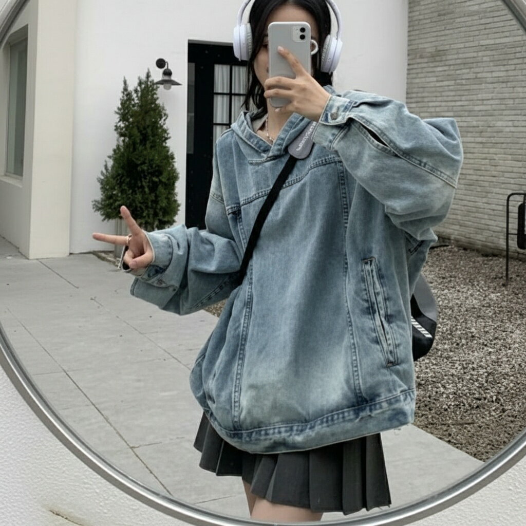 レトロ 洗い カバー ヘッドセット ゆったり デニム パーカー コート 女 2023 年春秋 中長袖 フード付き ブルー 黒 S M L XL 2XL 3XL 日韓レジャー ファッション