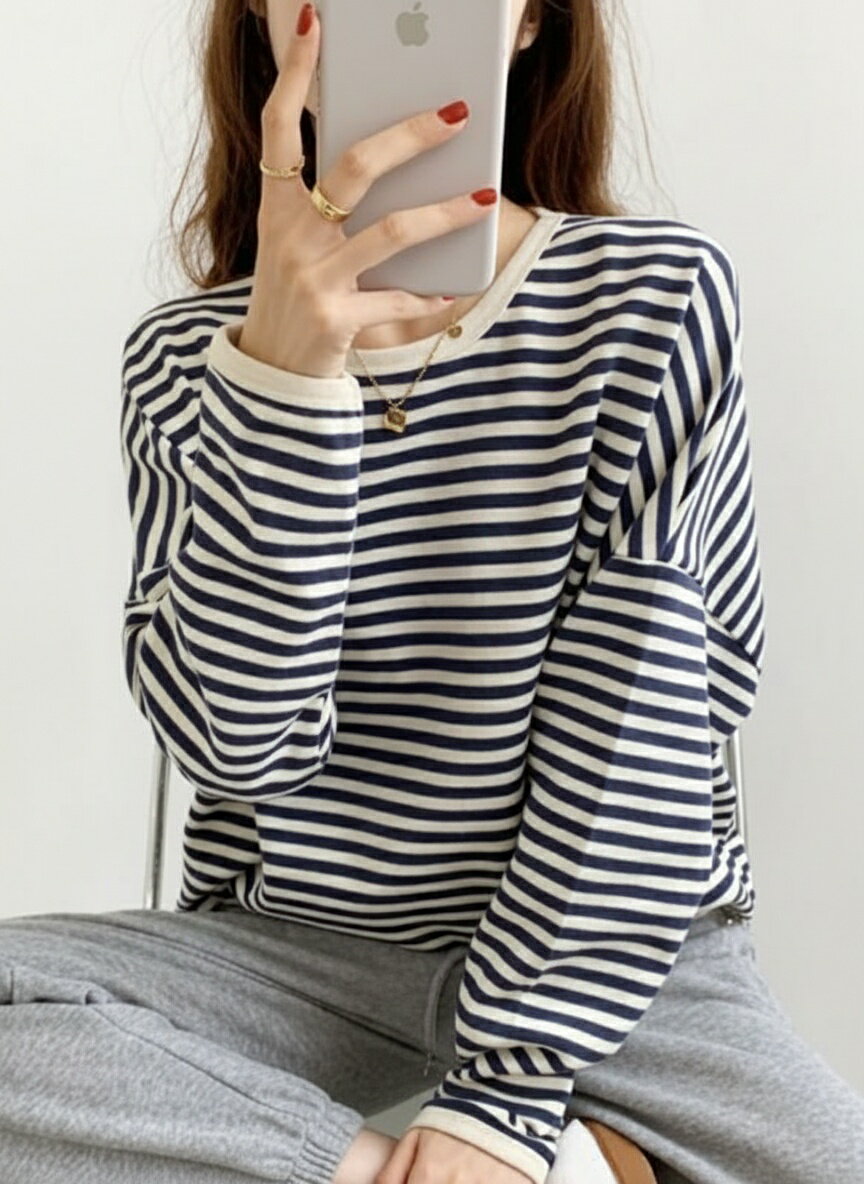 韓国スタイル プルオーバー スウェットシャツ 女 コート 春秋 薄 カジュアル ストライプ ラウンドネッ..