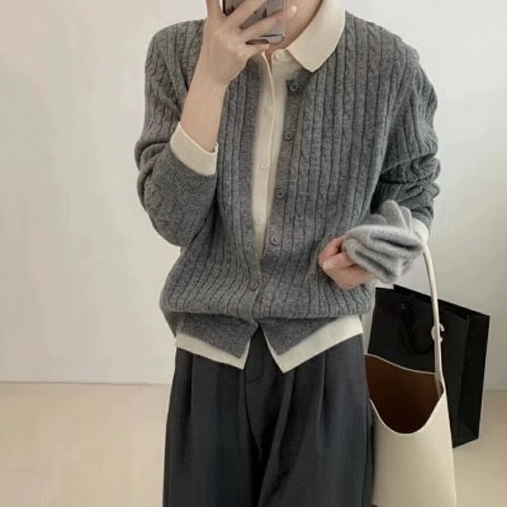 襟をめくって偽の 2 枚ニットカーディガン ゆったり型 長袖 秋冬 セーター わせ ポリエステル 2024 年..