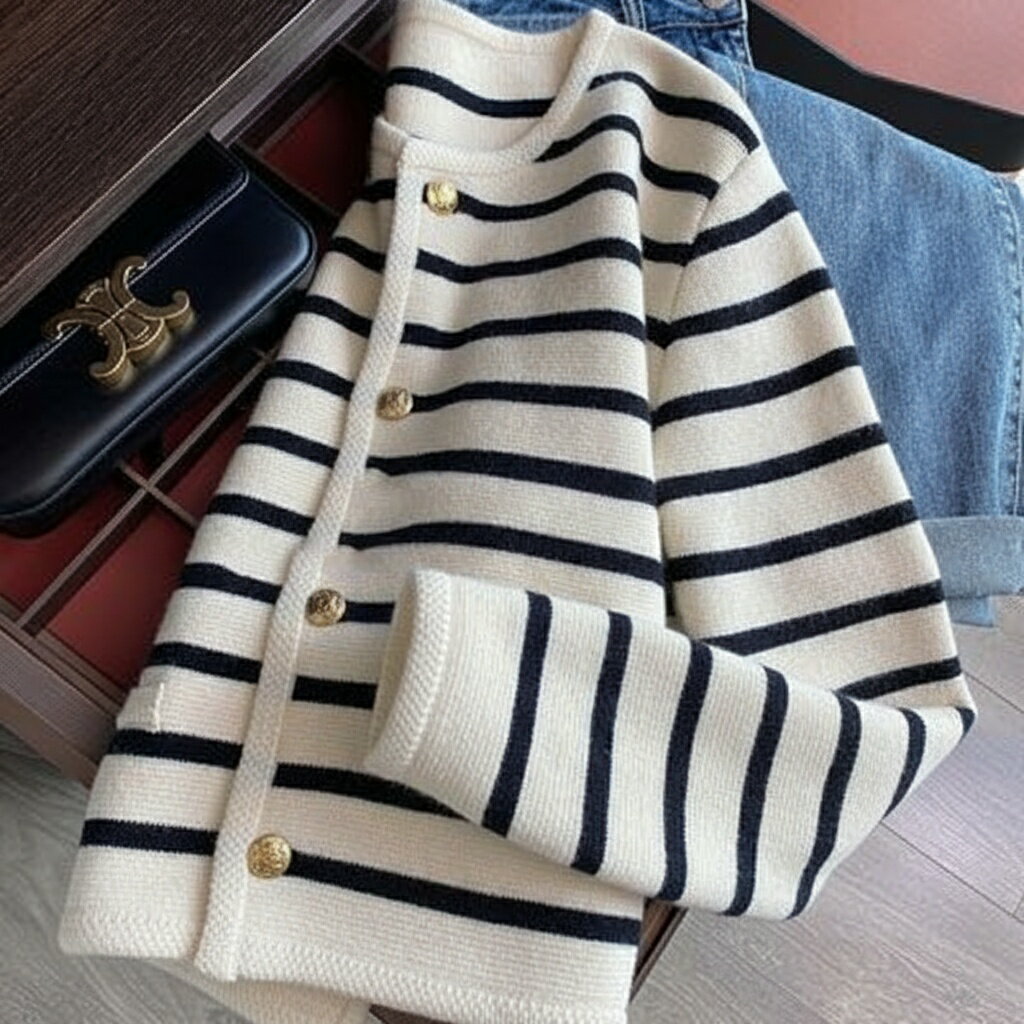 2025 黒とのストライプ ニットカーディガン レディース 秋冬 アウター ショートセーター カジュアル ボ..