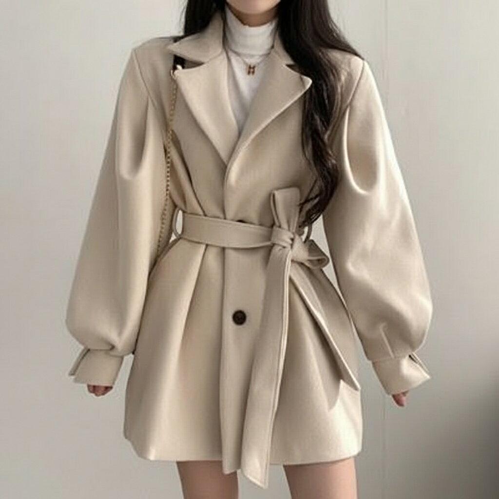 卸売り 韓国版 チ 秋冬 ゆるい コート 女 ラシャ スーツ 襟 中 長い サイズ さい 毛 コート レディース ポリエステル ミドルレングス ルーズタイプ 長袖 黒 アプリコット S M L XL XXL