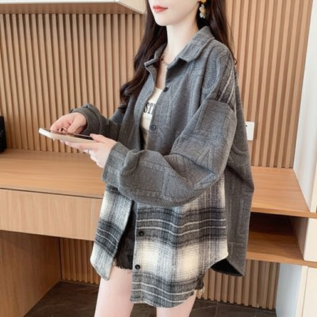 クロスボーダー シャツ 欧米カーディガンチェック柄秋 2025 型大きいサイズ長袖 M L XL XXL 3XL ポリエステル