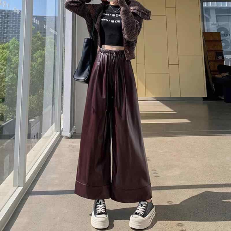 春 コーデ レディース ファッション オシャレ カワイイ シンプル きれいめ ナチュラル 上品カジュアル 婦人服 クラシック レッド PUレザー パンツ ハイウエスト スリム ストレート レッグ カジュアル 九分丈 ワイド パンツ