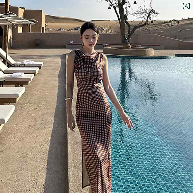 春 コーデ レディース ファッション オシャレ カワイイ シンプル きれいめ ナチュラル 上品カジュアル 婦人服 アメリカン スイング カラー ドレス チェック スリムフィット ロング スカート 旅行