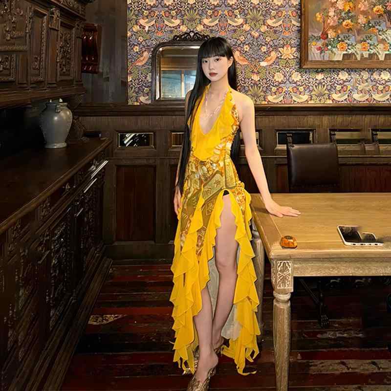 春 コーデ レディース ファッション オシャレ カワイイ シンプル きれいめ ナチュラル 上品カジュアル 婦人服 メッシュ プリント フリル Vネック ドレス バカンス バケーション ロング