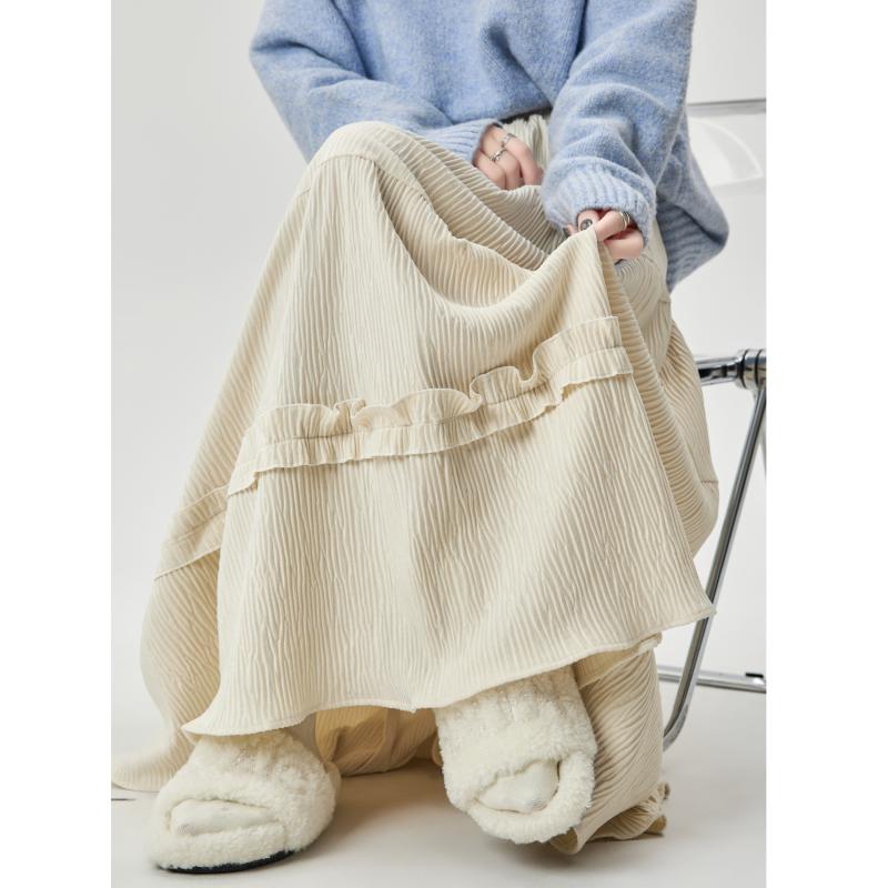 春 コーデ レディース ファッション オシャレ カワイイ シンプル きれいめ ナチュラル 上品カジュアル 婦人服 ベルベット スカート Aライン ハイウエスト スリム カジュアル プリーツ ロング