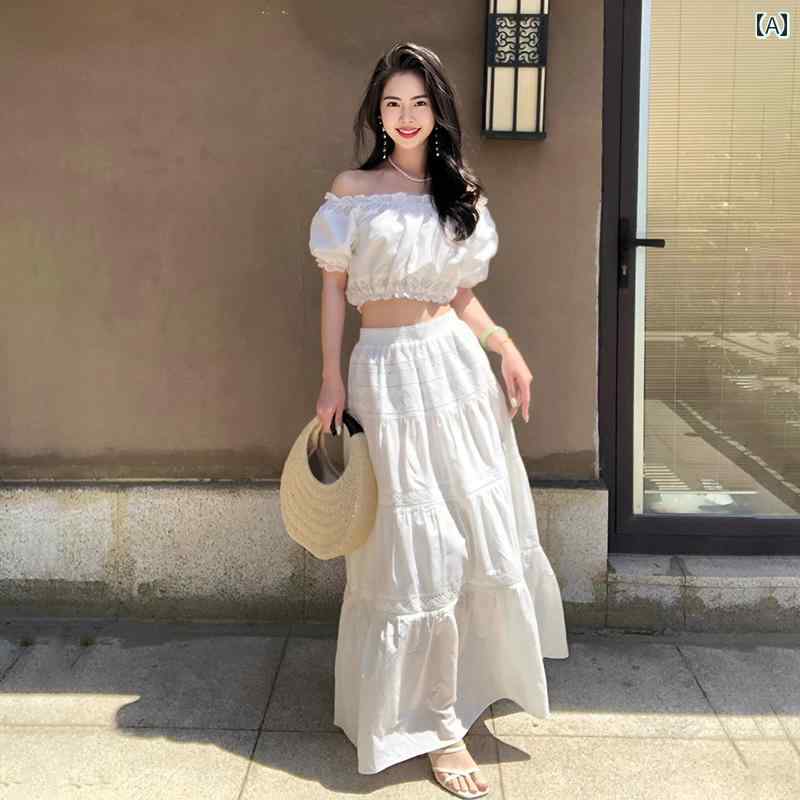 春 コーデ レディース ファッション オシャレ カワイイ シンプル きれいめ ナチュラル 上品カジュアル 婦人服 フレンチ スイート スーツ バケーション パフスリーブ トップス 白 スリム スカート