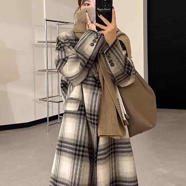 乐天商城 - 春 コーデ レディース ファッション オシャレ カワイイ シンプル きれいめ ナチュラル 上品カジュアル 婦人服 クラシック ハイエンド チェック柄 コート ゆったり スリム ミドル丈 ウール スーツ ジャケット