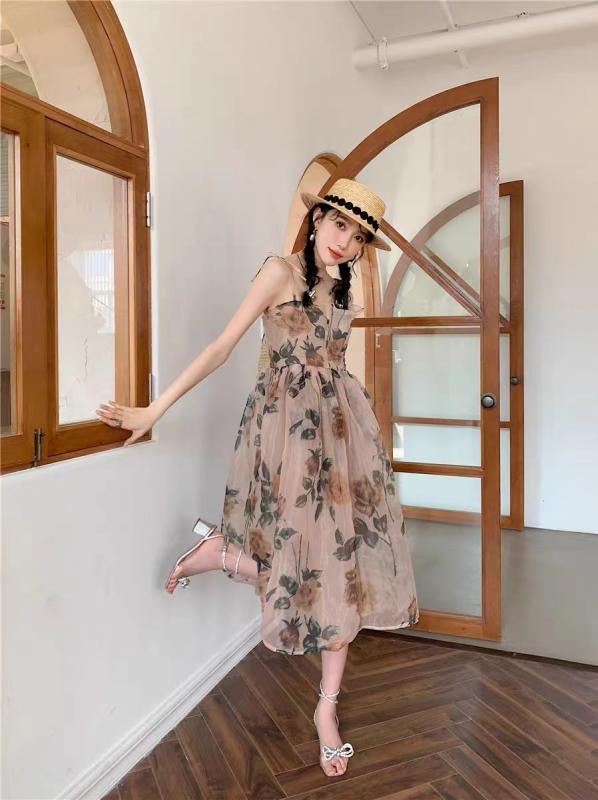 春 コーデ レディース ファッション オシャレ カワイイ シンプル きれいめ ナチュラル 上品カジュアル 婦人服 夏 ハイエンド ふわふわ スカート フレンチ フラワー ワンピース ドレス ロング フェアリー