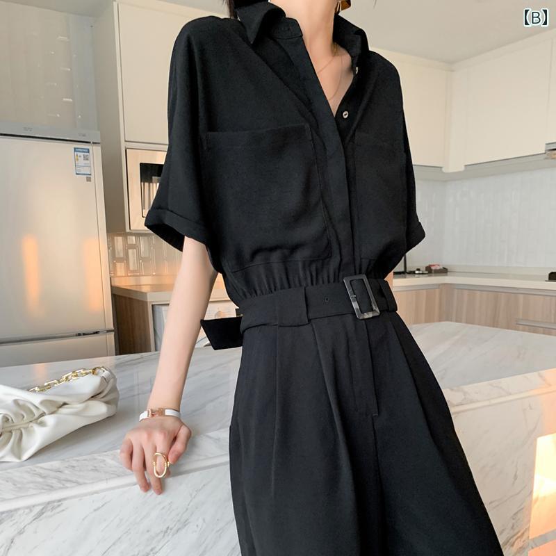 春 コーデ レディース ファッション オシャレ カワイイ シンプル きれいめ ナチュラル 上品カジュアル 婦人服 夏 黒 半袖 ジャンプ スーツ ウエスト スリム ワイドレッグ パンツ ワンピース