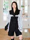 春 コーデ レディース ファッション オシャレ カワイイ シンプル きれいめ ナチュラル 上品カジュアル 婦人服 縞模様 コントラスト プリーツ スーツ ジャケット ゆったり シンプル シャツ ダブルブレスト フリルレース