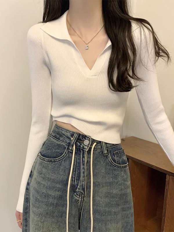 春 コーデ レディース ファッション オシャレ カワイイ シンプル きれいめ ナチュラル 上品カジュアル 婦人服 白 ポロカラー ニット 長袖 Tシャツ スリムフィット インナー ハイウエスト Vネック トップス