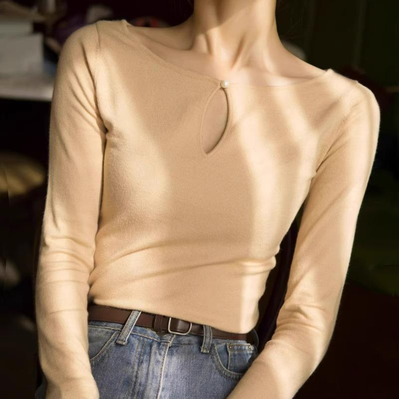 春 コーデ レディース ファッション オシャレ カワイイ シンプル きれいめ ナチュラル 上品カジュアル 婦人服 ソリッドカラー セーター スリム 長袖 シャツ