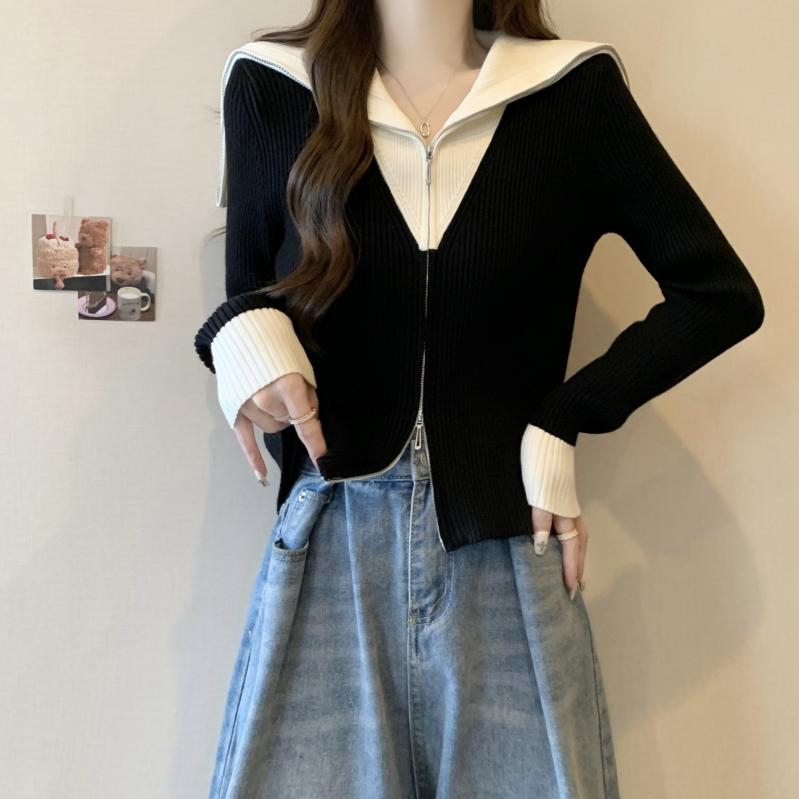 春 コーデ レディース ファッション オシャレ カワイイ シンプル きれいめ ナチュラル 上品カジュアル 婦人服 フェイク ツーピース ニット セーター カーディガン スリムフィット ネイビーカラー トップス