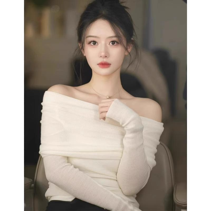 Rakuten - 春 コーデ レディース ファッション オシャレ カワイイ シンプル きれいめ ナチュラル 上品カジュアル 婦人服 白 セーター 長袖 スリム オフショルダー ハイエンド デコルテ ボトムトップ