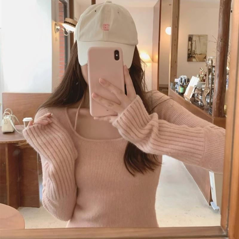 春 コーデ レディース ファッション オシャレ カワイイ シンプル きれいめ ナチュラル 上品カジュアル 婦人服 フレンチ風スクエア ネック ニット レイヤリング シャツ シック ホルターネック トップス ハイエンド セーター