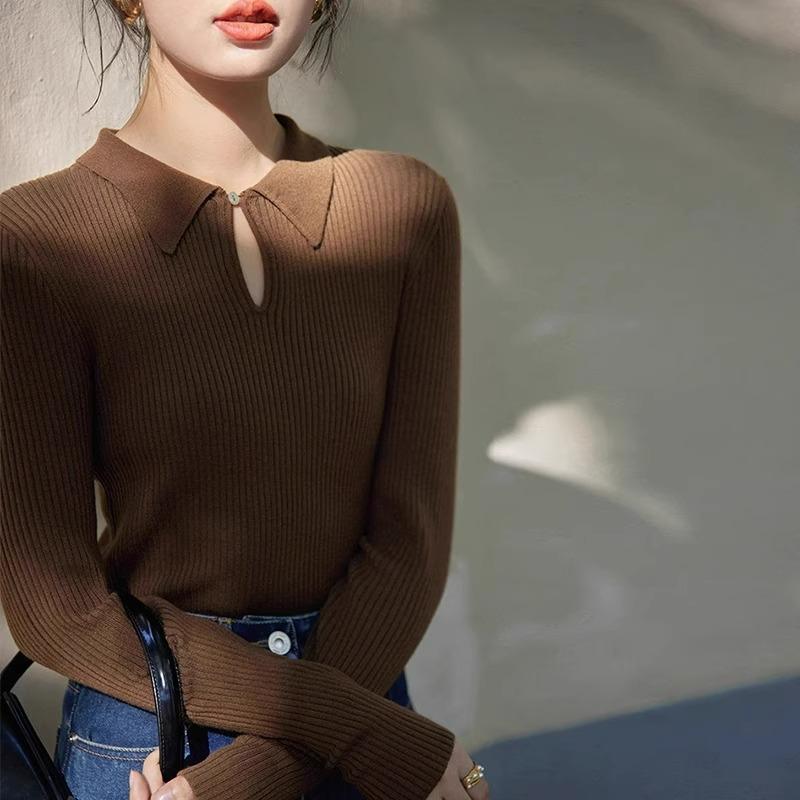 春 コーデ レディース ファッション オシャレ カワイイ シンプル きれいめ ナチュラル 上品カジュアル 婦人服 フレンチ クラシック ポロカラー セーター トップス 長袖 インナーウェア スリム ベース