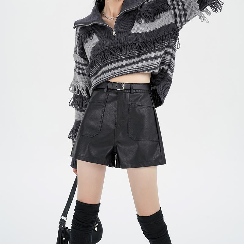 春 コーデ レディース ファッション オシャレ カワイイ シンプル きれいめ ナチュラル 上品カジュアル 婦人服 ブラック PUレザー パンツ アウターウェア スリム カジュアル Aライン ワイドレッグ ズボン スーツ(4)