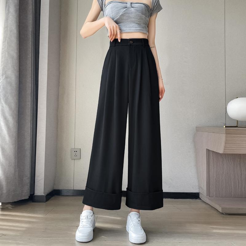 Other - 春 コーデ レディース ファッション オシャレ カワイイ シンプル きれいめ ナチュラル 上品カジュアル 婦人服 ブラック スーツ パンツ 薄手 ハイウエスト ストレート レッグ カジュアル 九分丈 カール ワイド