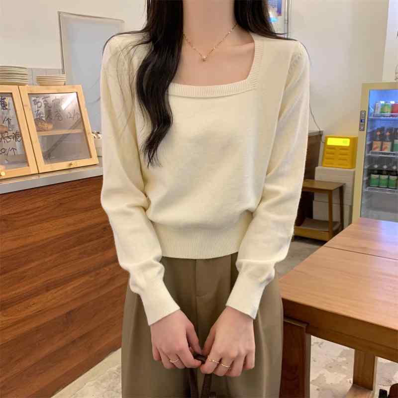 春 コーデ レディース ファッション オシャレ カワイイ シンプル きれいめ ナチュラル 上品カジュアル 婦人服 ニット レイヤリング シャツ スクエアネック トップス ランタン 長袖 セーター