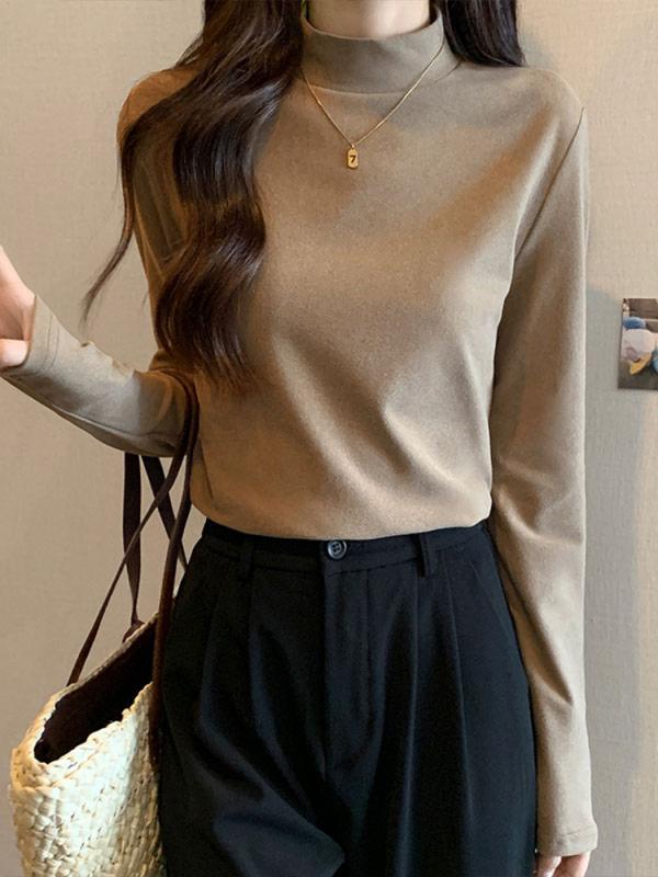 乐天商城 - 春 コーデ レディース ファッション オシャレ カワイイ シンプル きれいめ ナチュラル 上品カジュアル 婦人服 ハーフ タートル カラー ベルベット シャツ ウエスタンスタイル スリムフィット 長袖 トップス