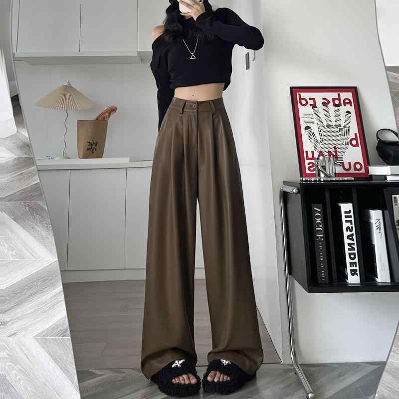 Pants - 春 コーデ レディース ファッション オシャレ カワイイ シンプル きれいめ ナチュラル 上品カジュアル 婦人服 ブラウン PUレザー パンツ ハイウエスト ワイドレッグ パンツ ストレート カジュアル フロア レングス スーツ