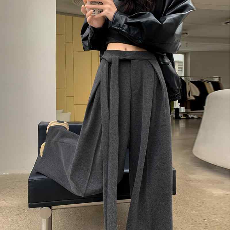 乐天商城 - 春 コーデ レディース ファッション オシャレ カワイイ シンプル きれいめ ナチュラル 上品カジュアル 婦人服 ハイエンド グレー ウール ワイドレッグ パンツ ストレート カジュアル フロア レングス スーツ スカート