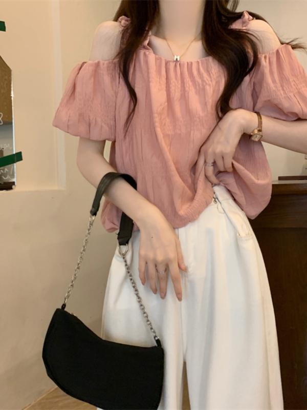 春 コーデ レディース ファッション オシャレ カワイイ シンプル きれいめ ナチュラル 上品カジュアル 婦人服 半袖 シャツ 夏 スタイリッシュ ゆったり スリム パフスリーブ シフォン トップス