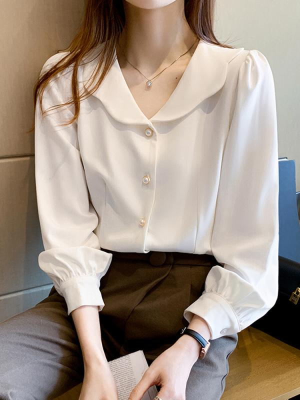 春 コーデ レディース ファッション オシャレ カワイイ シンプル きれいめ ナチュラル 上品カジュアル 婦人服 ホワイト シフォンシャツ 秋服 長袖 シャツ フレンチ トップス