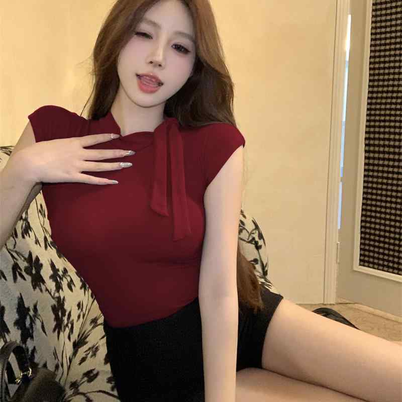 Military - 春 コーデ レディース ファッション オシャレ カワイイ シンプル きれいめ ナチュラル 上品カジュアル 婦人服 レースアップ 半袖 Tシャツ 夏 コットン スリムフィット シック タイトフィット インナートップ