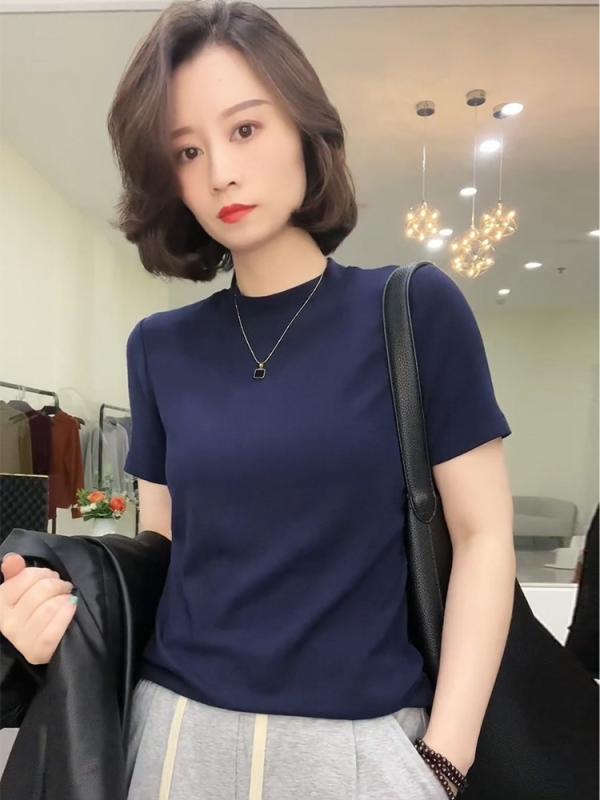 春 コーデ レディース ファッション オシャレ カワイイ シンプル きれいめ ナチュラル 上品カジュアル 婦人服 夏 セーター 半袖 Tシャツ 薄手 スリム ハーフ タートルネック トップス