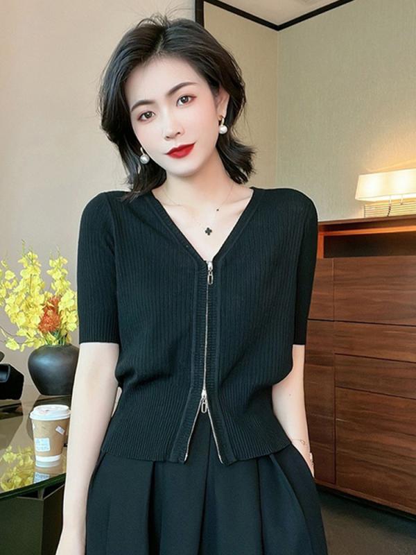 尼龙, 人造丝, 聚酯 - 春 コーデ レディース ファッション オシャレ カワイイ シンプル きれいめ ナチュラル 上品カジュアル 婦人服 夏 ダブル ジッパー ニット カーディガン スリム 半袖 トップス