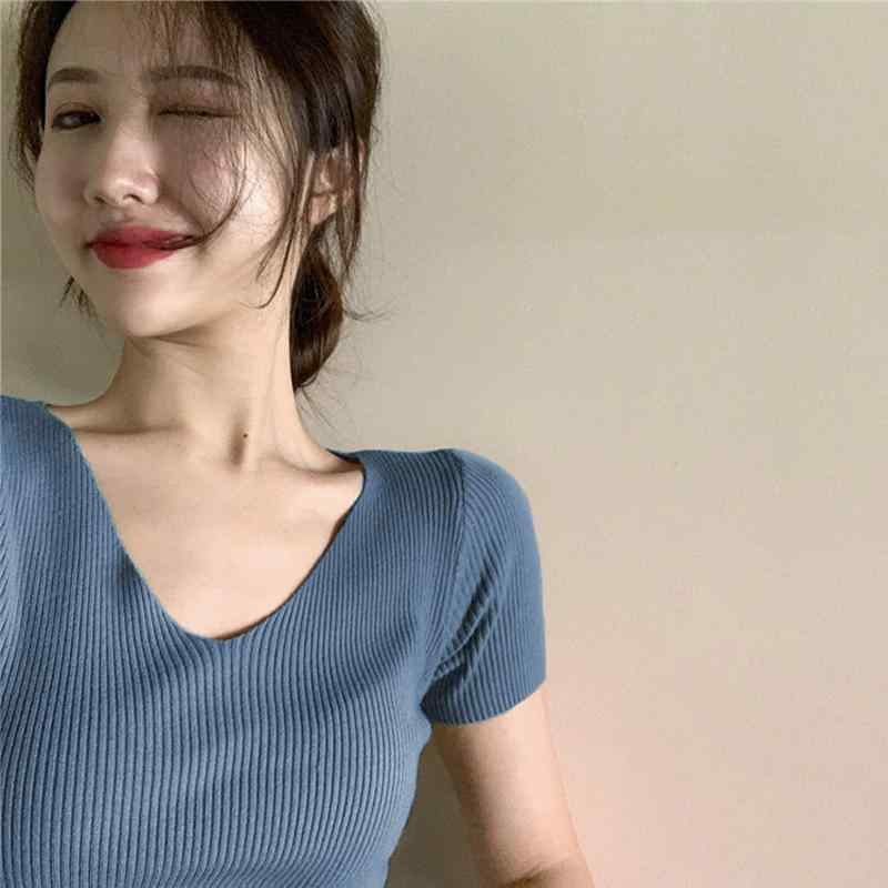 春 コーデ レディース ファッション オシャレ カワイイ シンプル きれいめ ナチュラル 上品カジュアル 婦人服 半袖 Vネック 夏 Tシャツ スリムフィット セーター 薄手 トップス(4)