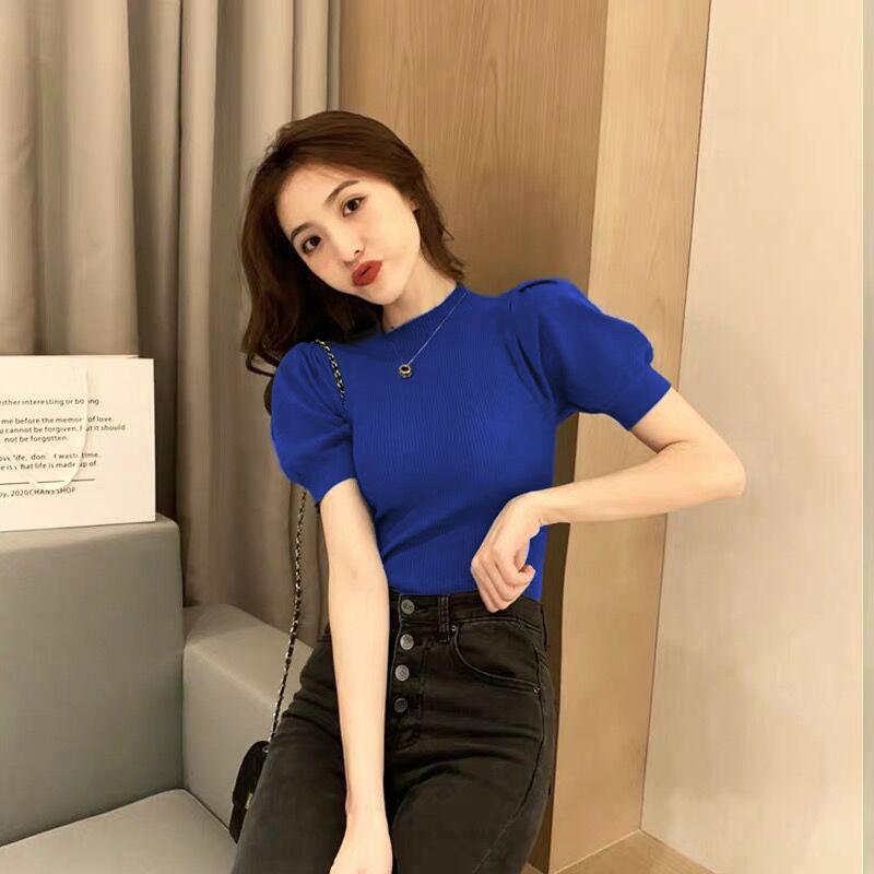 春 コーデ レディース ファッション オシャレ カワイイ シンプル きれいめ ナチュラル 上品カジュアル 婦人服 パフスリーブ ニット シャツ 半袖 T 夏 スリムフィット トップス