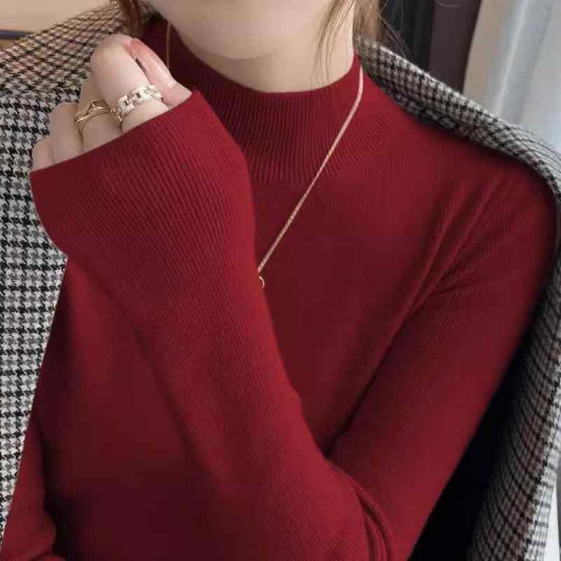 Turtleneck - 春 コーデ レディース ファッション オシャレ カワイイ シンプル きれいめ ナチュラル 上品カジュアル 婦人服 レッド 長袖 スリムフィット ハーフ ハイネック スリム ウール セーター ハイエンド トップス