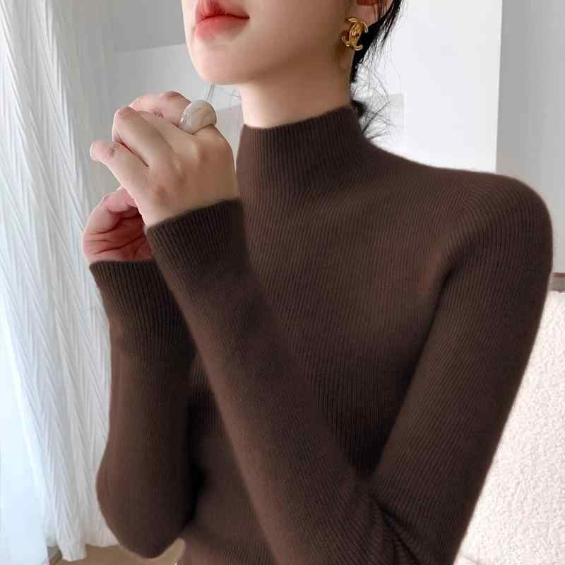 春 コーデ レディース ファッション オシャレ カワイイ シンプル きれいめ ナチュラル 上品カジュアル 婦人服 レッド ハーフ タートルネック セーター スリム ニット セーター