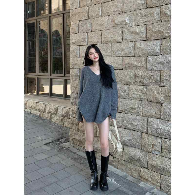 春 コーデ レディース ファッション オシャレ カワイイ シンプル きれいめ ナチュラル 上品カジュアル 婦人服 Vネック クラシック セーター グレー 無地 ハイエンド プルオーバー トップス