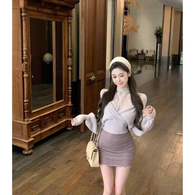 春 コーデ レディース ファッション オシャレ カワイイ シンプル きれいめ ナチュラル 上品カジュアル 婦人服 クロス Vネック レース ステッチ オフショルダー 長袖 セーター インナー トップス