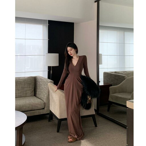 春 コーデ レディース ファッション オシャレ カワイイ シンプル きれいめ ナチュラル 上品カジュアル 婦人服 アメリカン Vネック ウエスト 締め付け 長袖 ドレス スリム ロング 春 コーデ レディース ファッション オシャレ カワイイ シンプル きれいめ ナチュラル 上品カジュアル 婦人服 アメリカン Vネック ウエスト 締め付け 長袖 ドレス スリム ロング