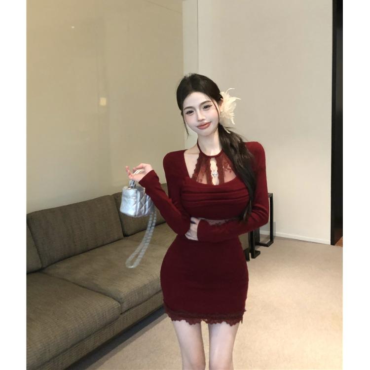 春 コーデ レディース ファッション オシャレ カワイイ シンプル きれいめ ナチュラル 上品カジュアル 婦人服 レース ステッチ ホルターネック 長袖 ニット ドレス スリム ボトム スカート カバー