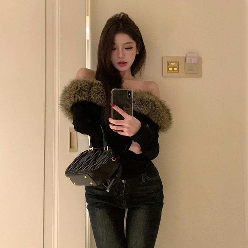 Long-Sleeved - 春 コーデ レディース ファッション オシャレ カワイイ シンプル きれいめ ナチュラル 上品カジュアル 婦人服 ファー 襟 ステッチ 長袖 Tシャツ オフショルダー スリム トップス